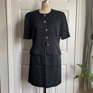 Vintage Celine Paris Skirt Suit Textured Cotton Black Blazer Sz 42 Jewel Buttons